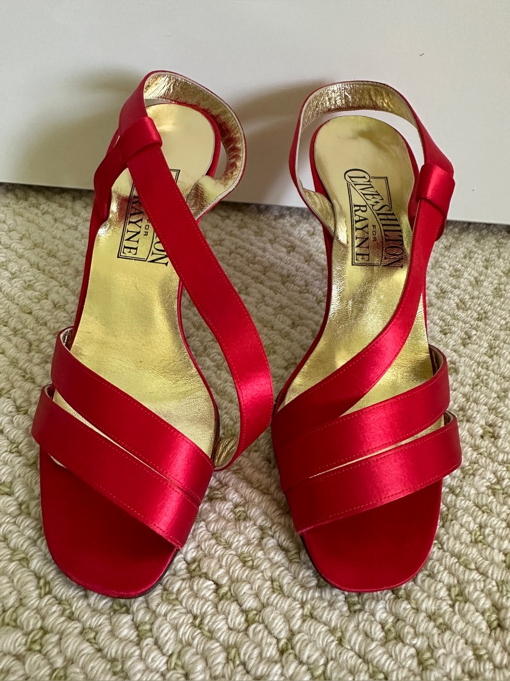 Vintage 1980s Clive Shilton for Rayne Red Satin Gold Evening Heels 6 M